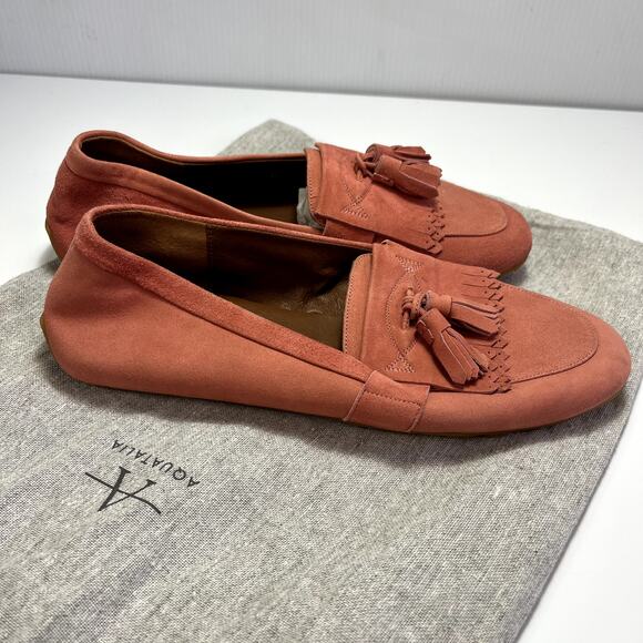 Aquatalia Size 7 Pink Suede Driving Loafers Tassle‎ Italy Dustbag Weatherproof - Picture 3 of 14